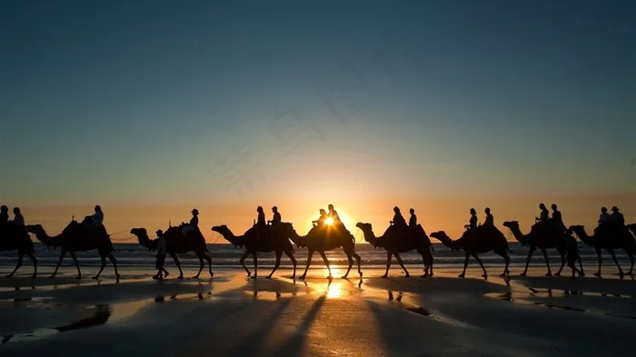 夕阳余晖下的沙漠驼队