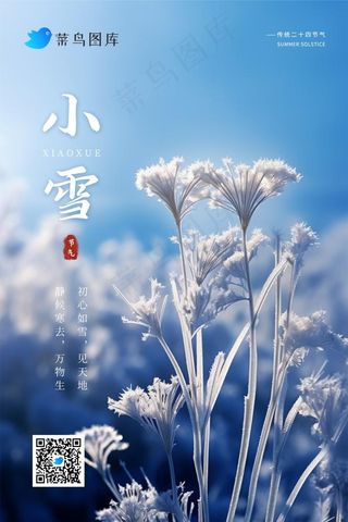 小雪冬季蓝色简约冰冷枝叶节气海报