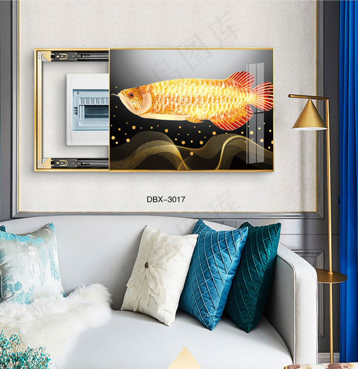 大气时尚家居室内装饰场景客厅沙发卧室床铺电表箱壁画背景图背景轻奢金鱼