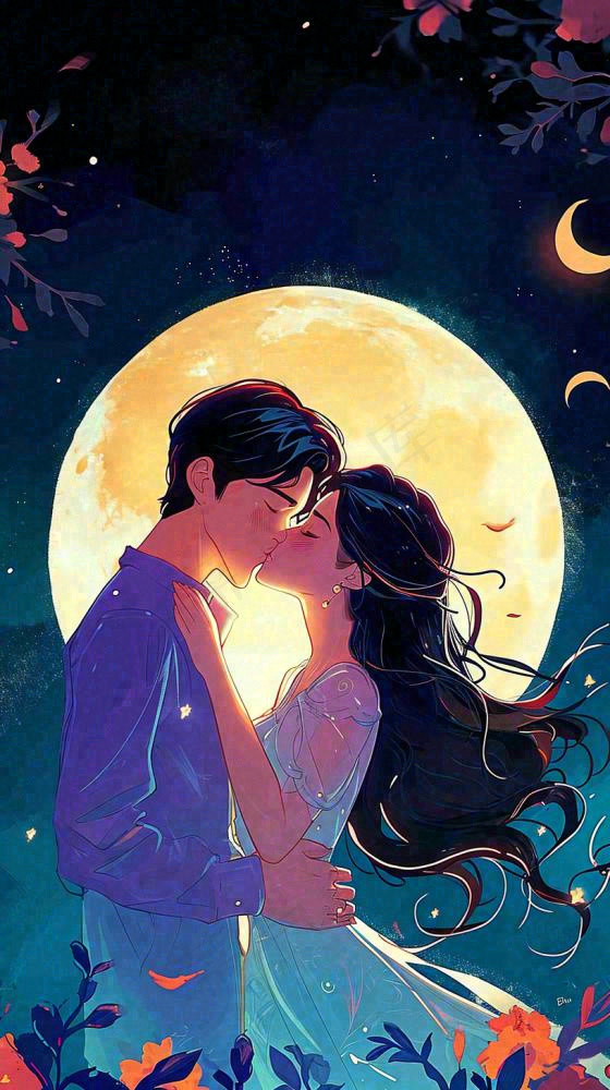 月光下情侣拥抱亲吻爱情情人节，浪漫温馨夜晚月亮