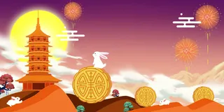 中秋节塔国潮月饼玉兔背景插画素材