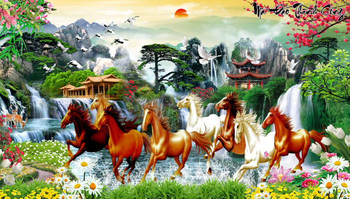 清新流水生财马到成功花卉背景