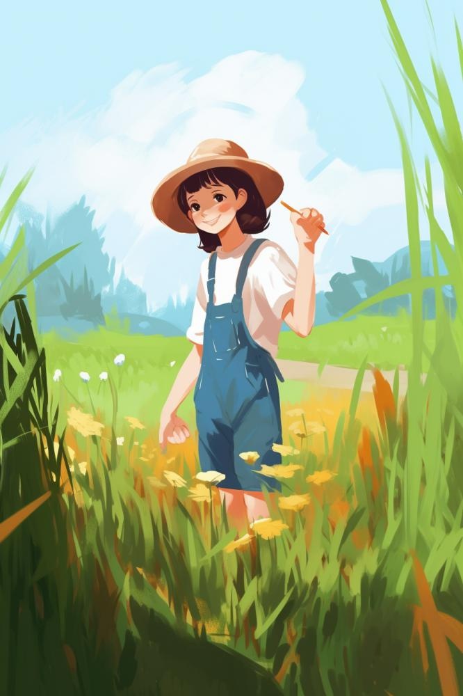 绿色清新草地人物插画(896x1344)