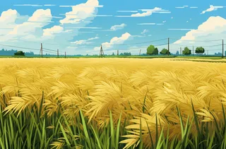 秋天成熟的金黄麦田稻田卡通插画素材图