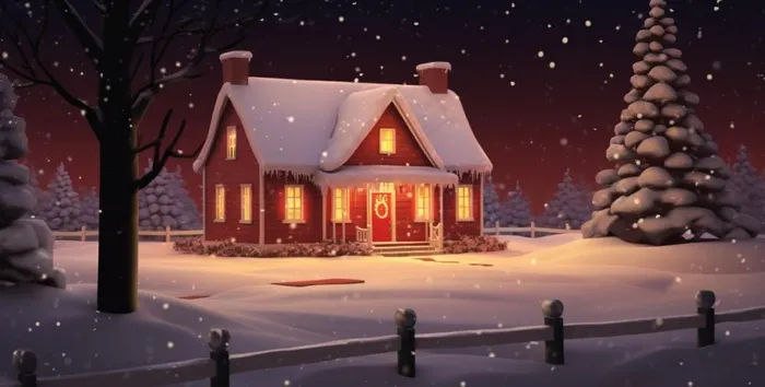 冬天夜晚森林里的房子被白雪覆盖卡通插画背景(1552x784)