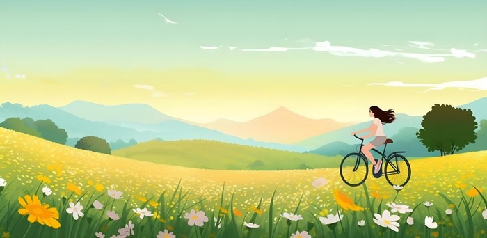 春天蓝天鸟白云群山花丛草丛骑着自行车的女孩人物插画素材背景