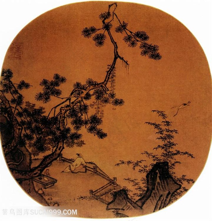 中国水墨山水画观景团扇扇面