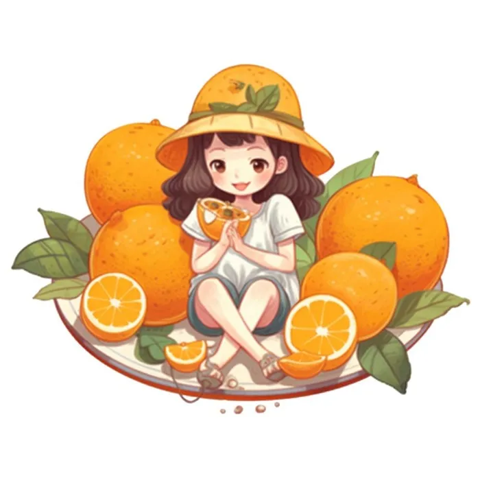 在橙子盘子里的女孩插画免抠(1024x1024)