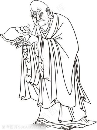 祥云贝壳的僧人罗汉线描矢量PNG绘画图片