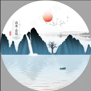 中国风山水花鸟高山流水帆船日出旭日东升客厅卧室玄关画酒店装饰画壁画挂画