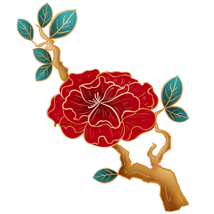 国潮风立体浮雕金边手绘花朵花卉PSD设计PNG免扣图片元素素材