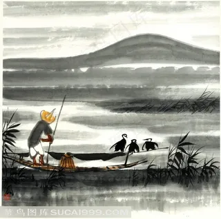 林风眠水墨湖畔山脉木舟风景画