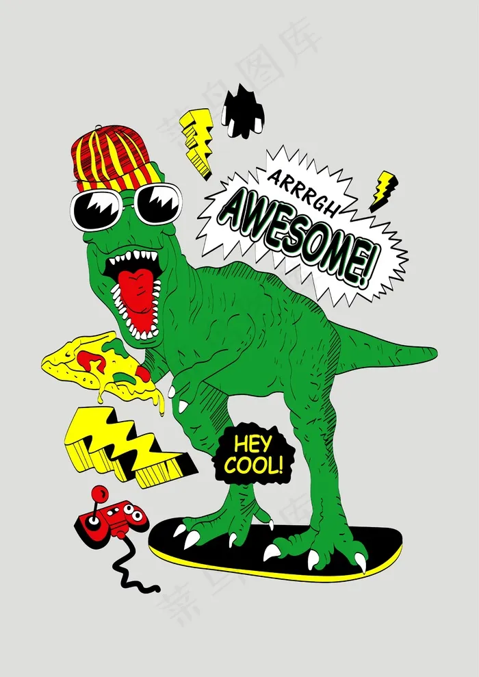 恐龙玩滑板 潮酷音乐说唱 披萨游戏机cdr矢量模版下载