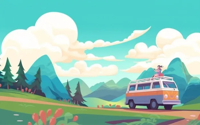 夏日扁平旅行风景插画背景(1344x842)