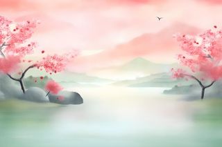 国风清新山河绿植背景