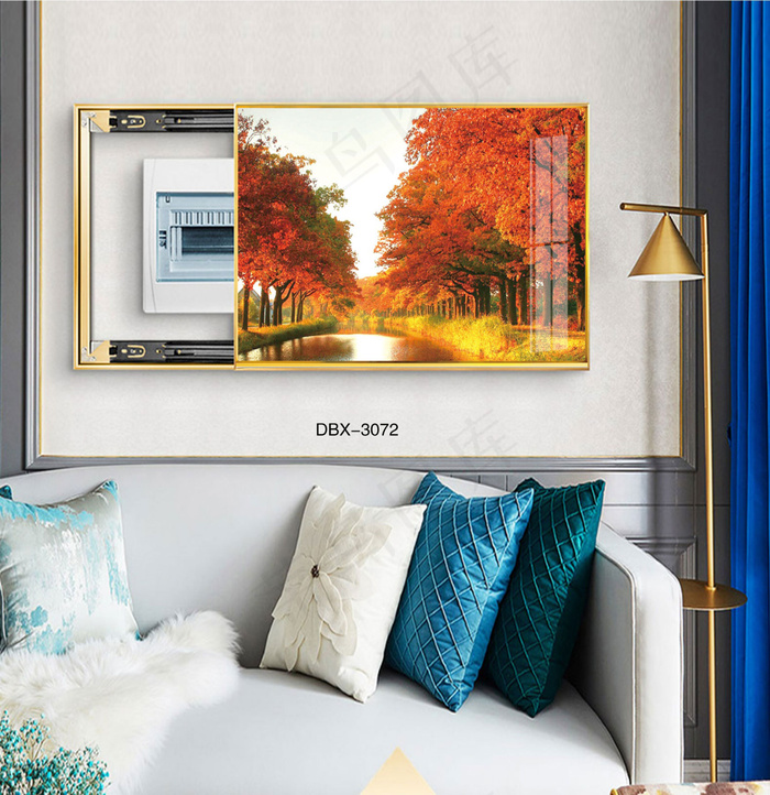 大气时尚家居室内装饰场景客厅沙发卧室床铺电表箱壁画背景图背景效果图现代