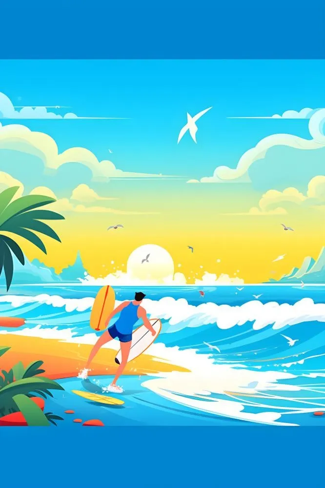 夏日海边海浪冲浪人物蓝色插画背景(2400x3600)