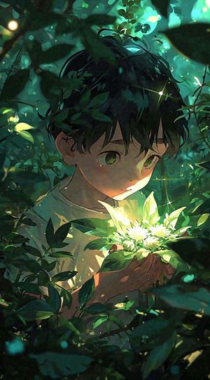 森林探险阳光绿叶男孩儿童，玩耍光照，插画手绘