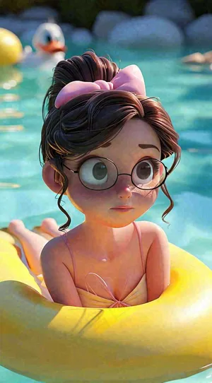 夏日卡通少女泳池游泳玩耍运动，夏天暑期