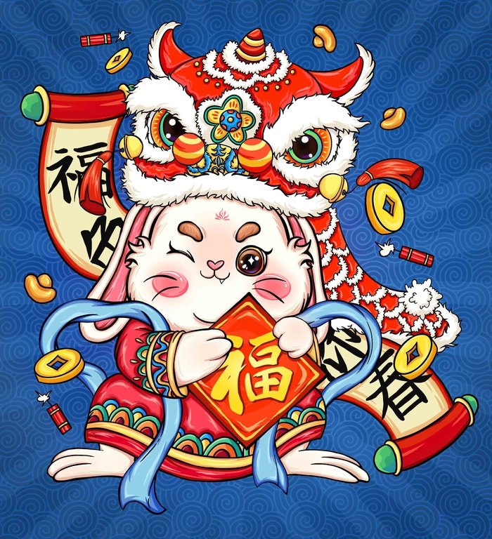 红色国潮插画风新年兔子兔年生肖手绘插画图