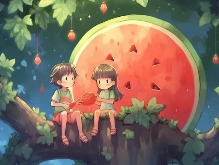夏日卡通插画儿童吃西瓜动漫风背景(1232x928)