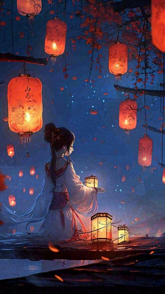 古风夜晚湖边少女灯笼意境水面(816x1456)