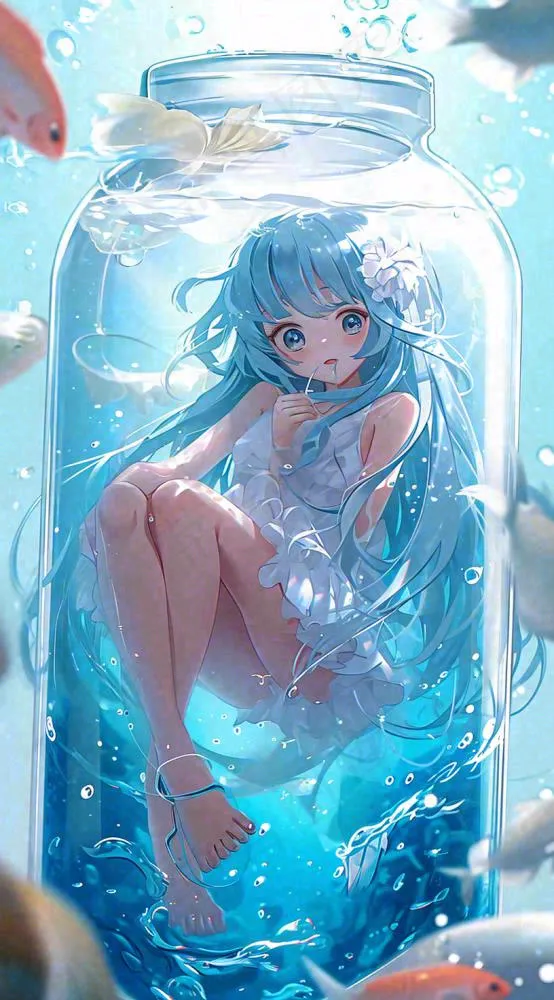 漫画少女海底瓶罐金鱼水面鱼类游泳插画手绘(816x1472)