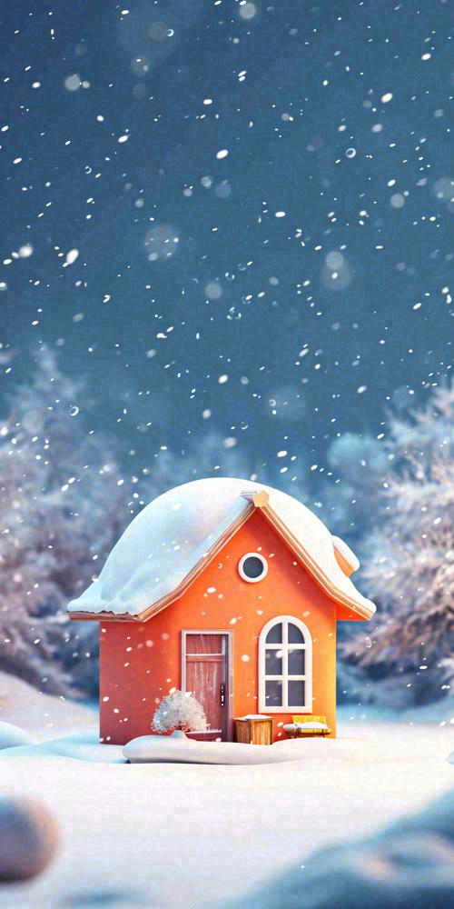 冬天红色雪屋雪地雪花，卡通可爱(768x1536)