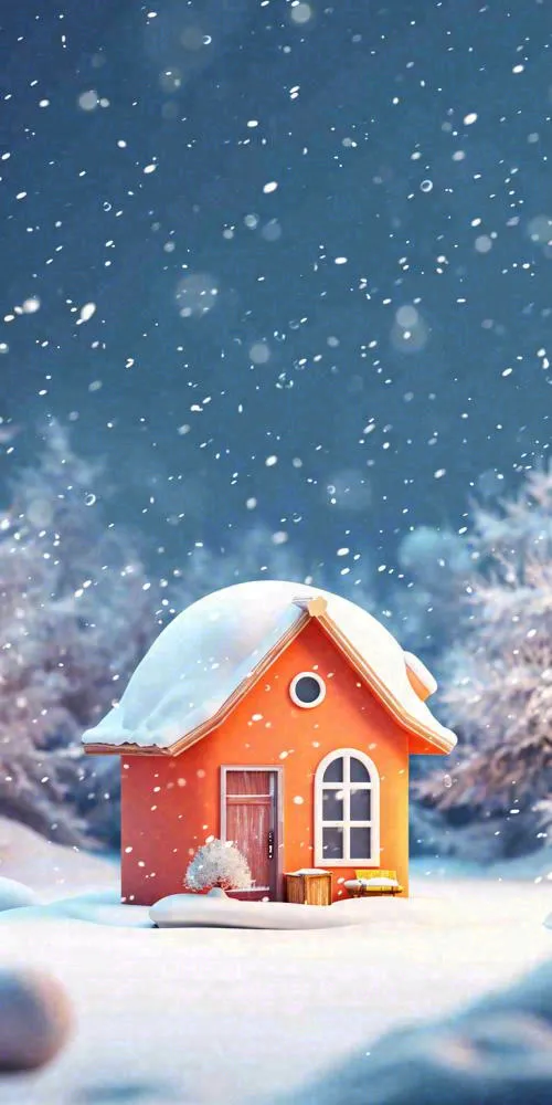 冬天红色雪屋雪地雪花，卡通可爱(768x1536)