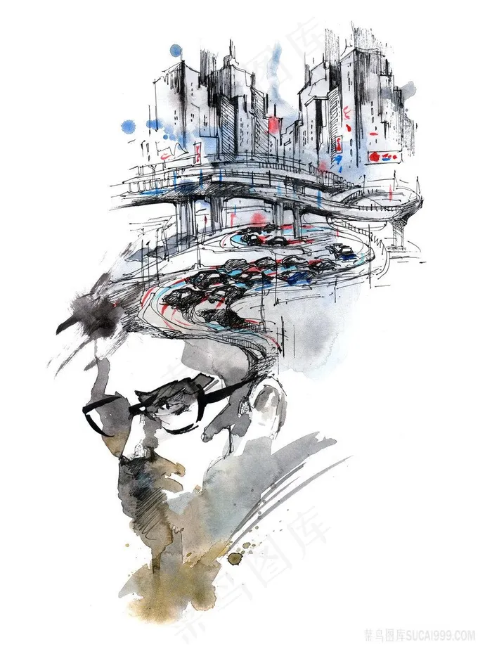 水彩建筑眼镜男插画