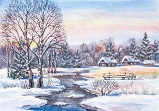 冬日里森林小屋风景