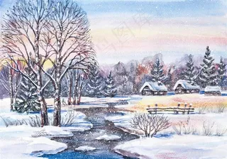 冬日里森林小屋风景