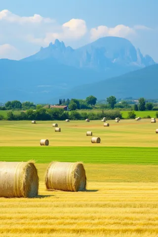 秋天农场稻田草垛远山摄影图