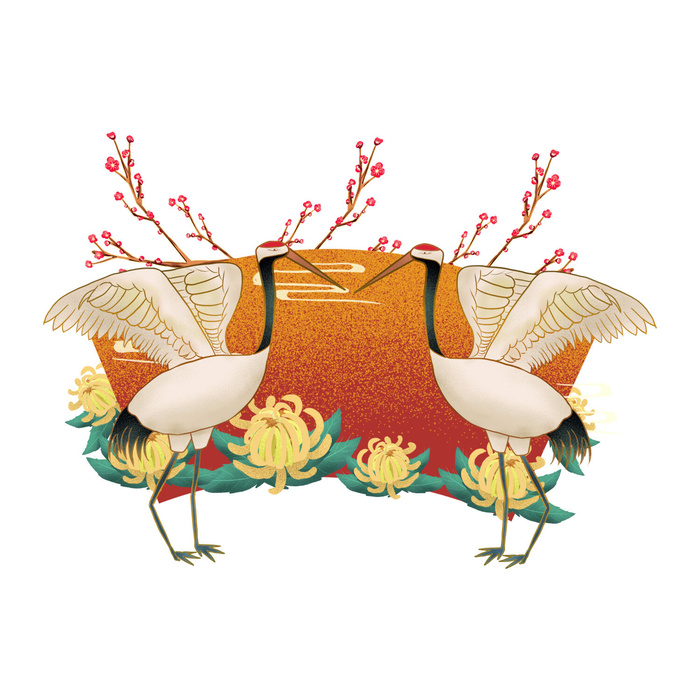 中国风国潮仙鹤山水插画手绘元素场景PSD设计素材