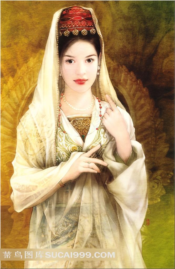 德珍手绘戴白纱巾帽的古典美人
