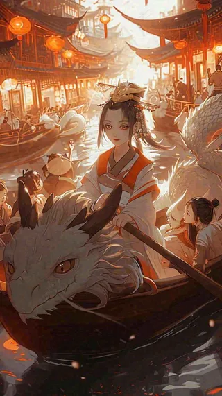 古风恐怖怪兽龙河面灯笼建筑插画，暗黑