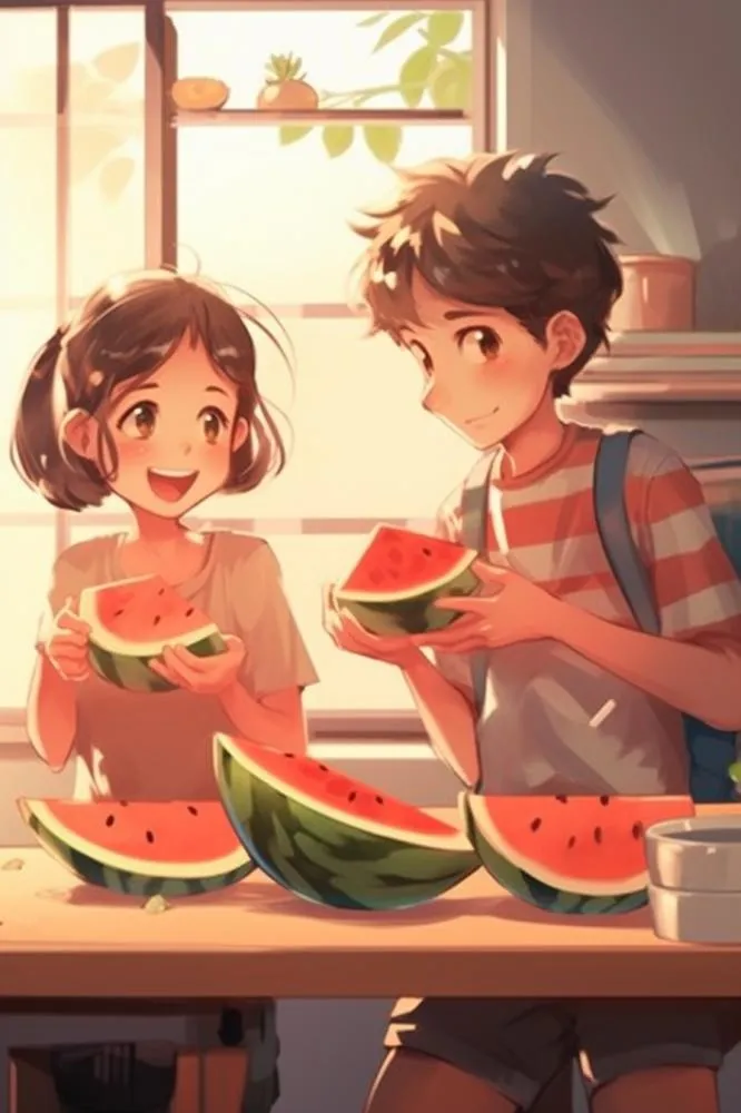 夏日卡通插画儿童吃西瓜动漫风背景(896x1344)