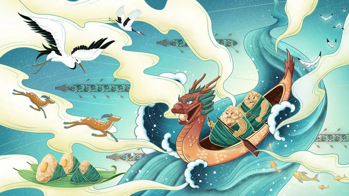 国潮风中国传统节日端午节赛龙舟粽子场景插画海报PSD设计素材psd模版下载