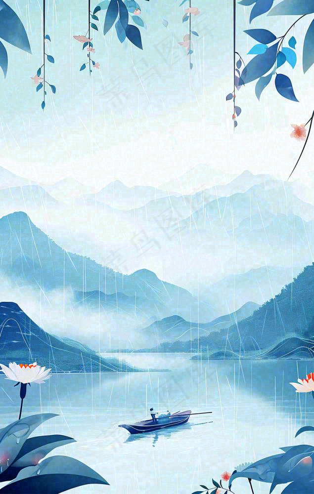 春天雨天湖面山脉小船植物花朵，雨水谷雨(864x1360)