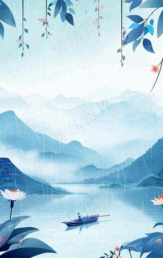 春天雨天湖面山脉小船植物花朵，雨水谷雨