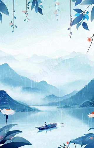 春天雨天湖面山脉小船植物花朵，雨水谷雨