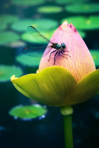 简约小清新荷叶蜻蜓绿色背景