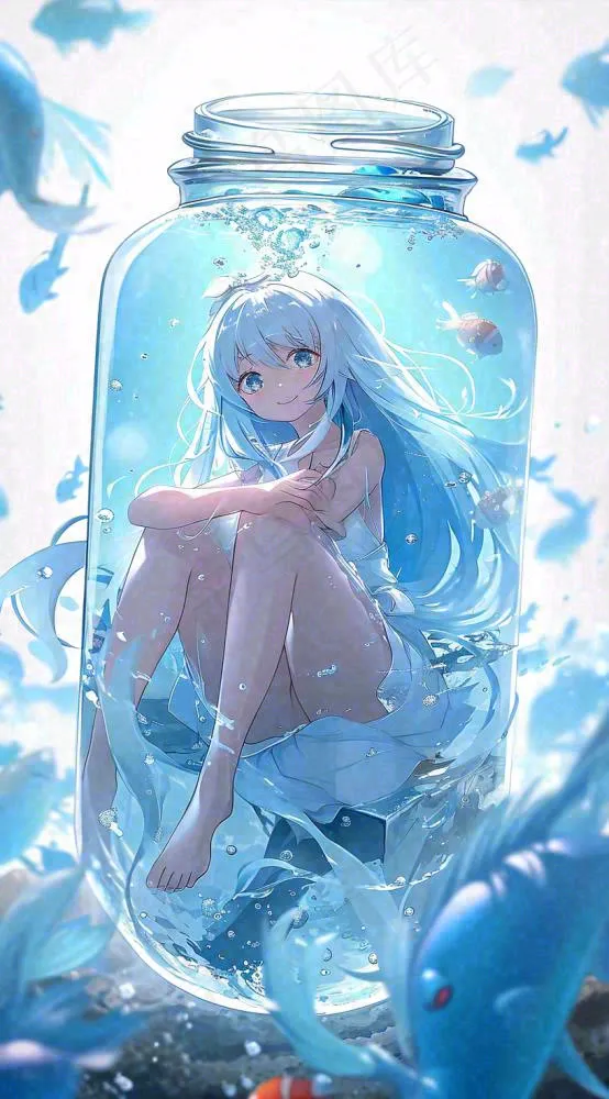 漫画少女海底瓶罐金鱼水面鱼类游泳插画手绘(816x1472)