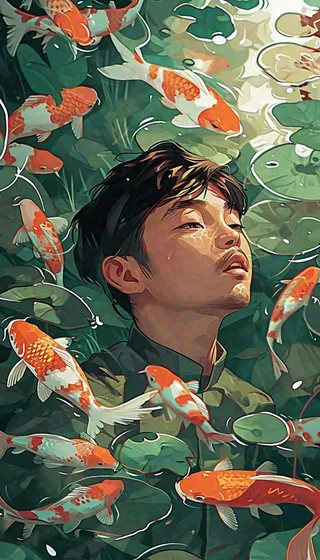 中国风金鱼喝水荷叶少年锦鲤手绘插画