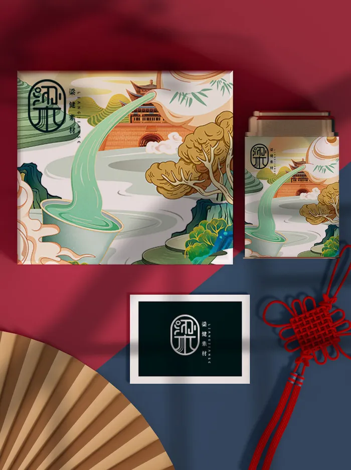 国风高档茶叶包装盒袋罐瓶LOGO标贴展示VI智能贴图样机PSD素材psd模版下载