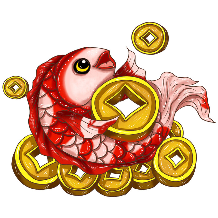 手绘国潮古风喜庆铜钱锦鲤鱼金鱼荷花插画场景装饰PSD设计素