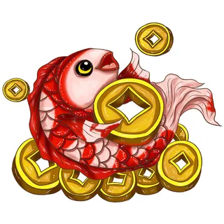 手绘国潮古风喜庆铜钱锦鲤鱼金鱼荷花插画场景装饰PSD设计素