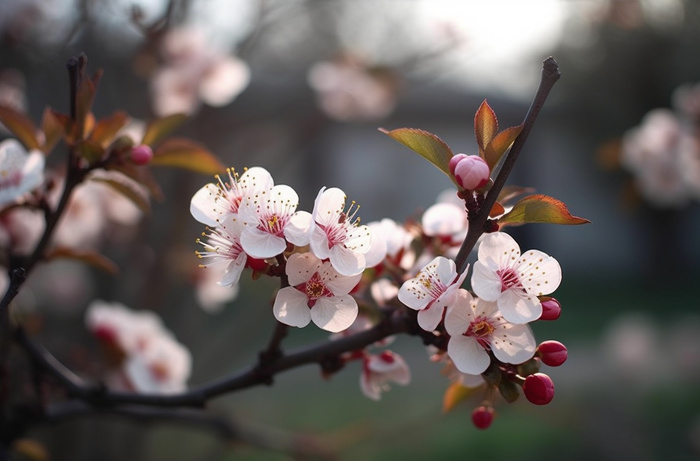 开花的中国传统梅花在阳光下摄影图(5440x3584)