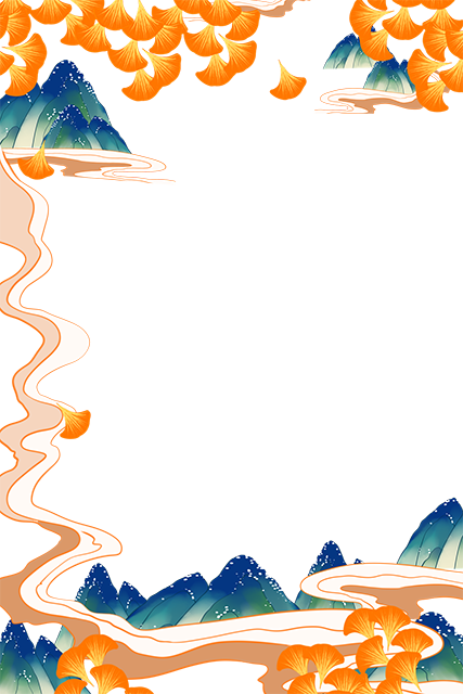 国潮手绘古风海浪花朵祥云装饰边框相框免抠