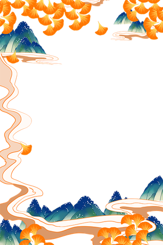 国潮手绘古风海浪花朵祥云装饰边框相框免抠